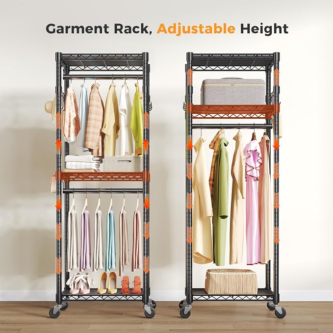 NEWBULIG Heavy Duty Clothing Rack with Wheels, 3-Tier Adjustable Wire Garment Rack, Metal Freestanding Closet Organizer System with Double Hanging Rods & 8 Side Hooks, 23" x 15" x 75", Black