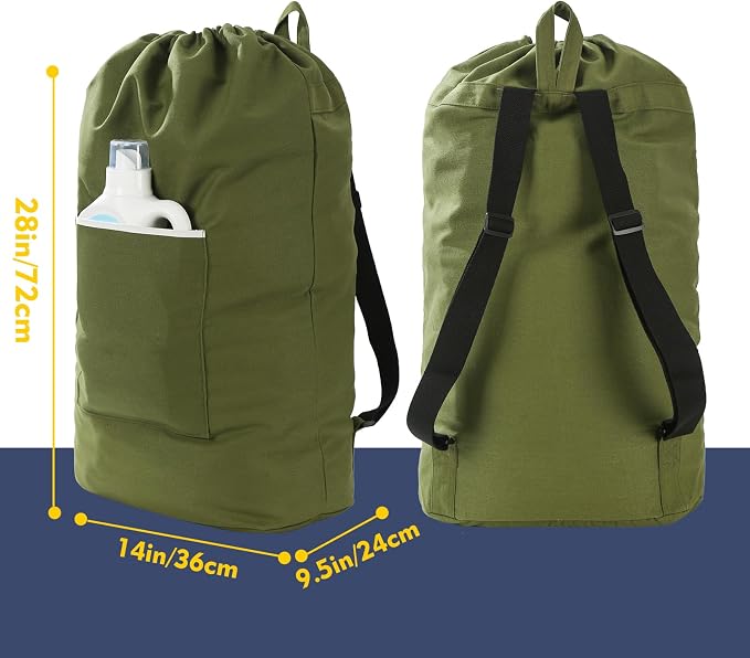 Canvas Laundry Bag, Laundry Backpack, Army Green, X-Large | Washable Laundry Collector,Thick Woven Adjustable Shoulder Straps,Large Front Pocket,Drawstring Closure,for College,Camping