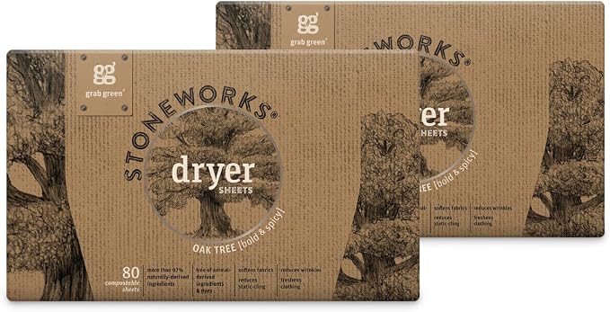 Grab Green Stoneworks Dryer Sheets, 160 Sheets, Birch Branch, Compostable | Softens fabrics; Reduces Static; Cruelty-free; Plant & Mineral Based; No Harsh Chemicals