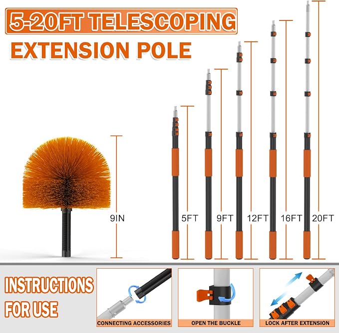 Buyplus 26FT Reach Cobweb Duster, Outdoor Spider Web Cleaner Brush with Professional 5-20FT Extension Pole, Non-Shedding Fluffy Bristles, Suitable for Ceiling and Corner Dusters for Indoor and Outdoor