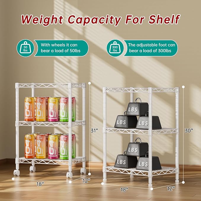 Golpart 3Tier Adjustable Storage Shelves Metal Wire Shelving Standing Shelf | Utility Heavy Duty Unit Rack Closet Organize for Home Kitchen Laundry Room Organization Pantry 11.6"Dx17.6"Wx30"H White