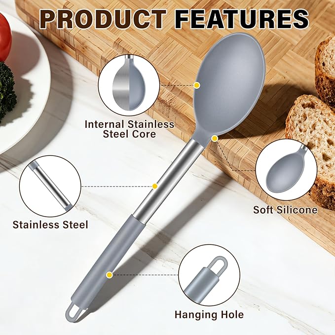 3Pcs Silicone Cooking Spoon Set, Kitchen Utensils Include Solid & Slotted Spoon, Soup Ladle, Food-Grade Heat Resistant 446°F, Non-Scratch Spoons for Serving, Stirring, Draining, Dishwasher Safe, Gray