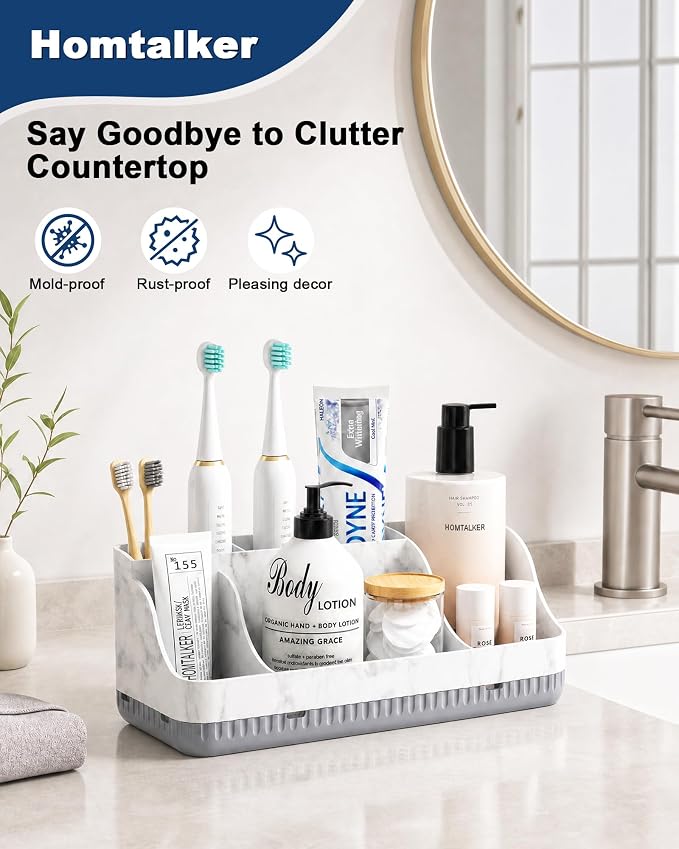 Bathroom Counter Organizer and Storage with 2 Pack Qtip Holder Dispenser, 7 Slots Detachable Toothbrush Holders for Bathrooms, Anti-Slip Electric Toothbrush and Toothpaste Holder Countertop