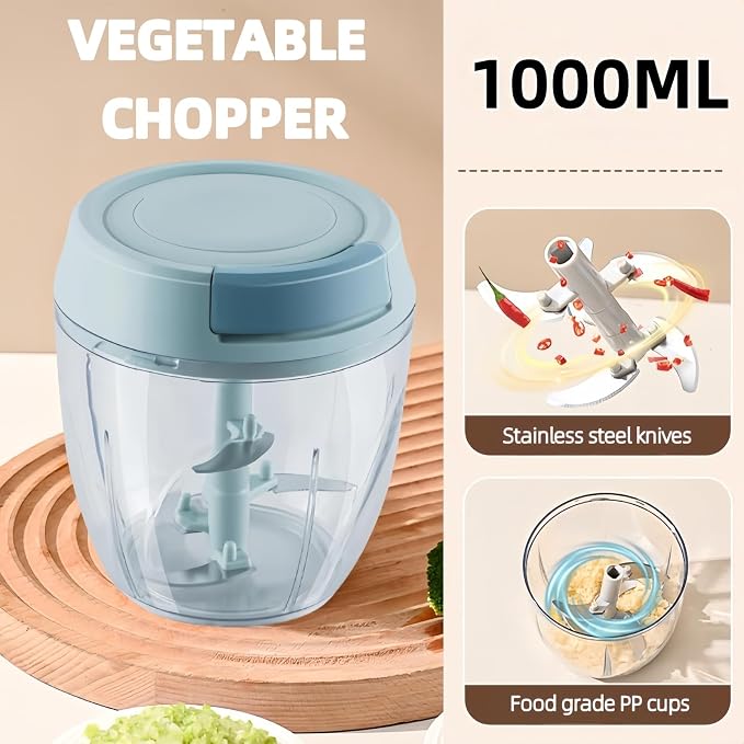 Manual Food Processor, Garlic Mincer Hand Cutter, Vegetable Chopper for Kitchen Gadgets, Hand Pull String onion chopper for Veggies, Ginger, Fruits, Nuts, Herbs, etc, 1000ML (blue)