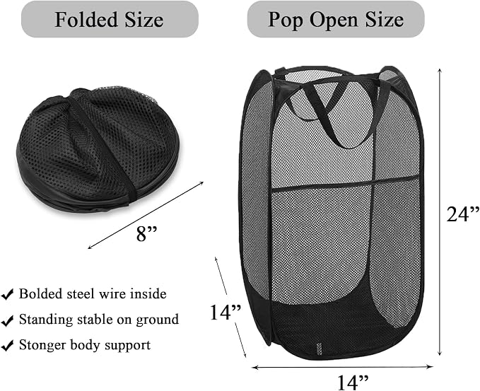 Larpur 3 Pack Pop Up Laundry Hampers, Collapsible Mesh Laundry Baskets | Black Clothes Hampers Portable Foldable Laundry Storage Hamper for Dorm, Home, Bedroom, Bathroom, RV Cruise