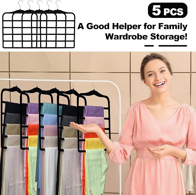 Closet Organizers and Storage, 5 Pack Velvet Pants-Hangers-Space-Saving | Non Silp 5 Tier Scarf Jeans Organizer, Dorm Room Essentials for College Students Girls Boys Guys, Home Storage