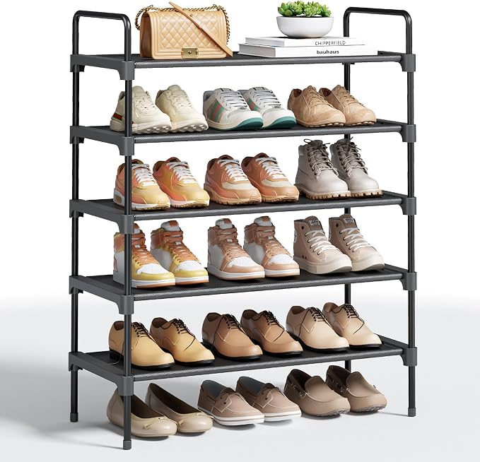 Kitsure Shoe Rack, 26.6" Wide Shoe Organizer, 5 Tiers, Black | Closet, Front Door Entrance, Entryway, Stackable & Detachable Shelf, Closet Organizers and Storage