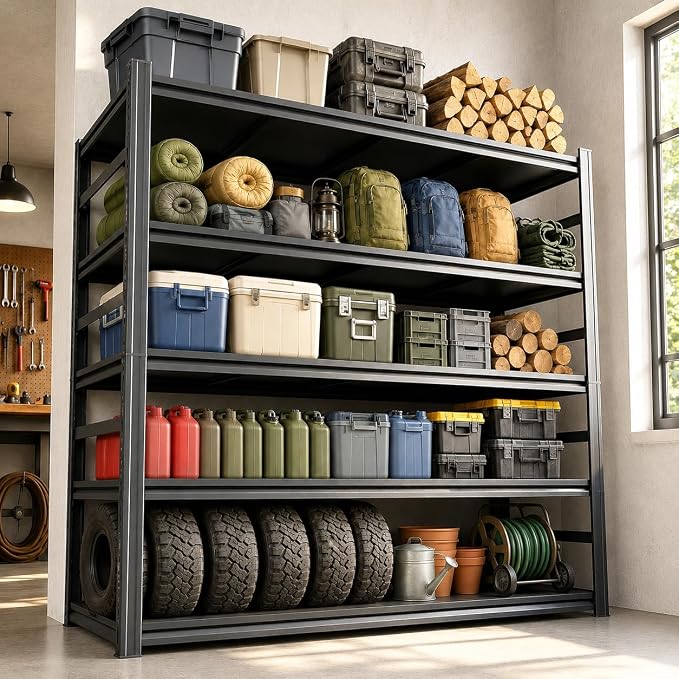 Garage Shelving, Heavy Duty Storage Shelves with Anti-Fall Rails | 2400 LBS metal shelving with Adjustable Industrial Steel Rack for garage, basement, pantry, kitchen and warehouse storage