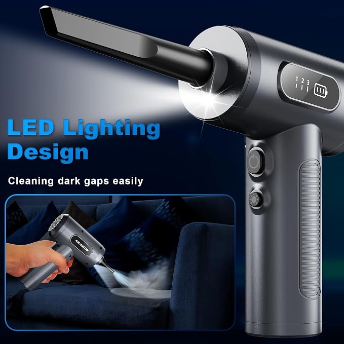 FRESMOL Compressed Air Duster, Rechargeable Cordless Electric Air Blower | 3-Gear Adjustable, 100000RPM, Smart LED Display, LED Light, Keyboard, PC, Car, Home Cleaning, Replaces Canned Air, Grey