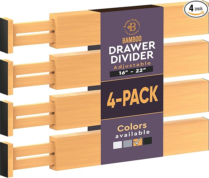 Bambüsi 4-Pack Drawer Divider - 2.6" High, 16" to 22" Adjustable Bamboo Drawer Organizers for Clothes, Expandable Dresser Separators in Bedroom/Bathroom/Kitchen/Office Organization and Storage