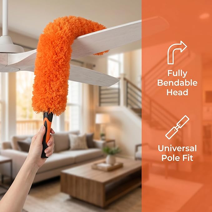 Microfiber Feather Duster for Telescopic Extendable Pole, Cleaning Duster Kit with Bendable Head & Scratch-Free Protective Tip, Washable Dusting Brush for Cleaning Ceiling Fans, Blinds, Furniture, Car