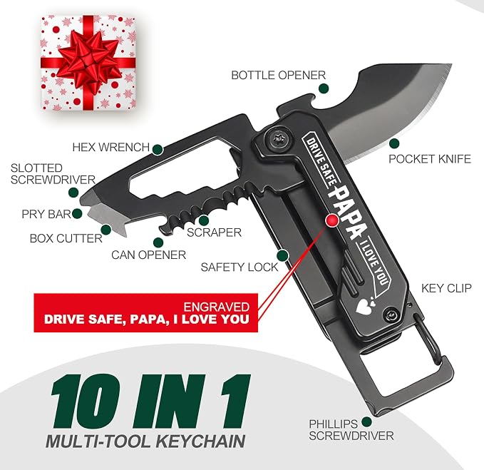 Papa Gifts for Christmas - Gifts for Papa, Keychain Multitool with 1.8inch Blade - Fathers Day Birthday Gift for Papas - Small Knife for Every Day Carry, Portable Tool for Camping, Hiking