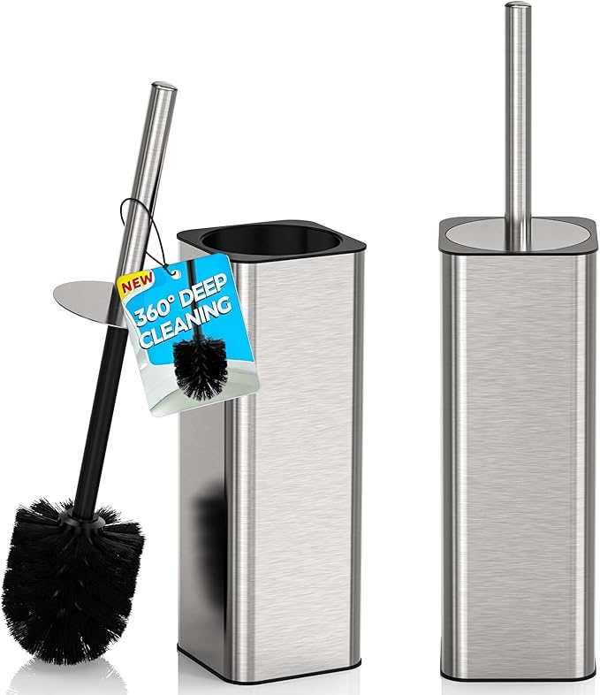 DOWRY Stainless Steel Toilet Bowl Brush and Holder for Bathroom Storage Organization Deep Cleaning Covered Brush Cleaner,Nickel Square 2PCS