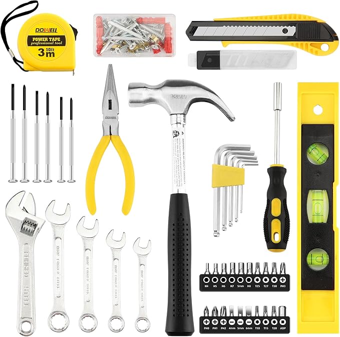 DOWELL Tool Set, 90 Piece Tool Kit with Wrench Set, Home Tools | wrenches, hammer, pliers, screwdrivers, rust-resistant steel, durable plastic case, ANSI certified