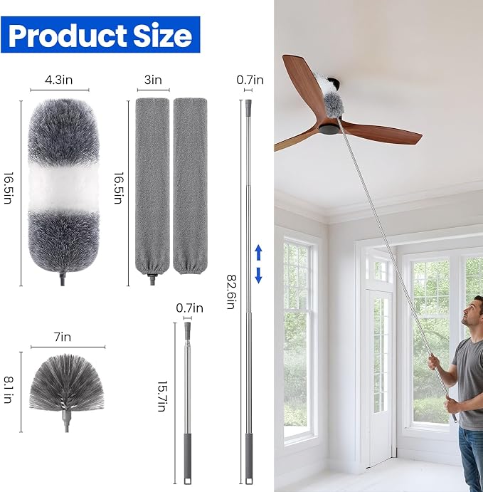 Extra-Long Dusters Kits with Extension Pole, 5 in 1 Cleaning Tools with Extendable Long Handle, Cobweb Duster, Microfiber Dusting Clothes for Gap, High Ceilings and Fans, Blinds, Cars and Furniture