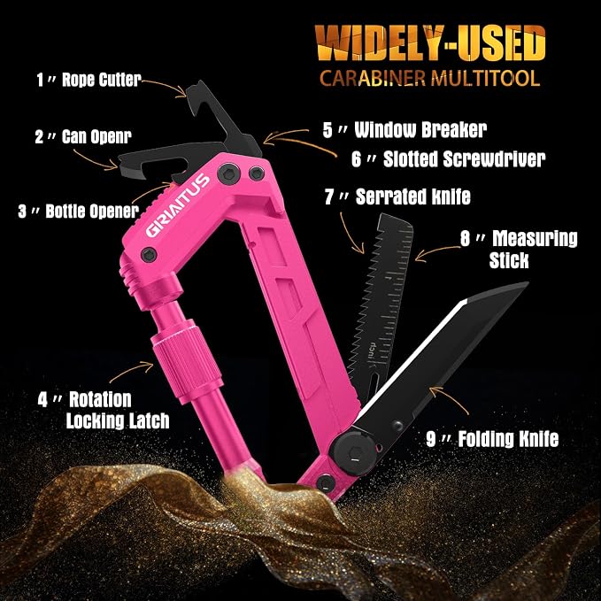 Multitool Carabiner with Pocket Knives, EDC Carabiners, Folding Knife | Serrated, Can Bottle Opener, Rope Cutter, Screwdriver, Keychain Knife for Camping Hiking, Gifts for Women/Men (Pink)
