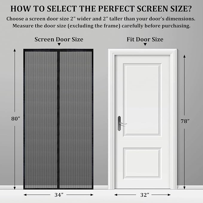 Magnetic Screen Door - Self Sealing, Heavy Duty, Hands Free Mesh Partition Keeps Bugs Out Let Breeze in- Pet and Kid Friendly - Keep Open Feature (Black, Fit Door Size 32 x 78 Inch)