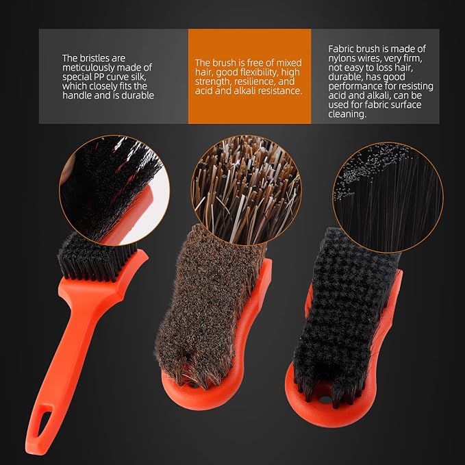 SPTA 3Pcs Car Detailing Brush Kit, Leather & Textile Interior Brush, Comfortable Grip and Scratch-Free Cleaning for Dashboard, Wheels, Seats, Foot Mats and Small Areas, Black