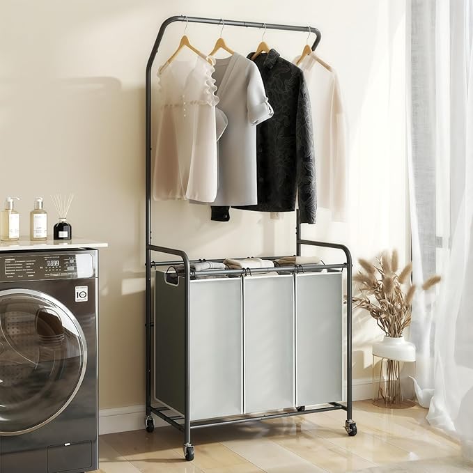 ROMOON Laundry Sorter Hamper with Hanging Bar, 3 Section Laundry Cart | Rolling Laundry Basket Organizer with Clothes Rack & Heavy-Duty Lockable Wheels for Apartment, Dorm, Small Spaces, 135L, Grey
