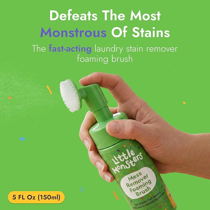 Little Monsters Mess Remover Foaming Brush, Kid-Friendly Stain Remover | 5 fl oz Foaming Laundry Stain Remover Brush; tackles tough stains on clothes, shoes, upholstery & more baby-safe formula