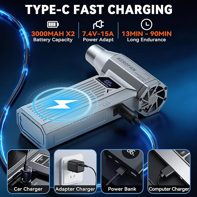 Compressed Air Duster, 160000RPM Cordless Electric Air Duster, LED Light | 4-Gear Adjustable Computer Blower Duster, Mini Hand Turbo Jet Fan, Rechargeable Air Gun for PC/Keyboard/Car/Home/Outdoor