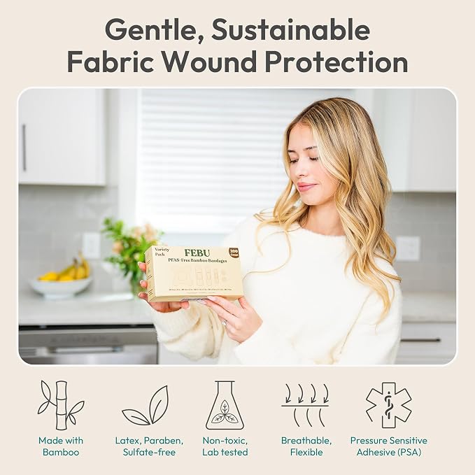 FEBU PFAS Free Bamboo Fabric Bandages, 75 Count Strip | Eco-Friendly, Flexible Fabric, Natural Hypoallergenic, Fully Compostable, Latex Free, For First Aid, Cuts and Scrapes