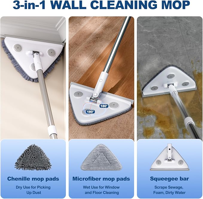 Wall Cleaner Mop with Long Handle, Wall Duster with Extension Pole, Dust Mop with 6 Reusable Pads, 3-in-1 Wall Cleaner for Wall, Ceiling, Window, Baseboard, Floors