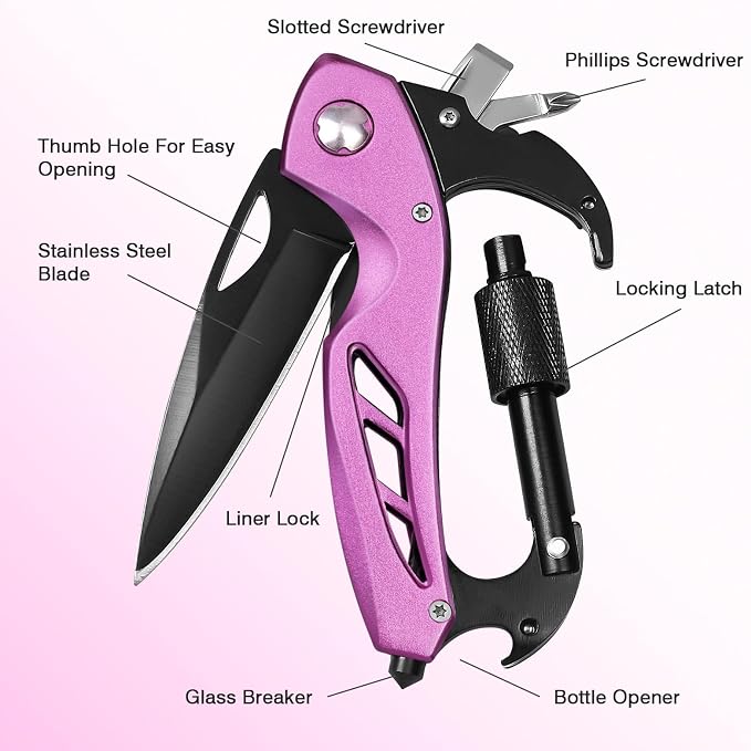 FUNBRO Pink Multitool Carabiner, Bottle Opener and Screwdriver | Stocking Stuffers Gifts for Mom Women Wife, 6-in-1 Keychain Multi Tools with Window Breaker