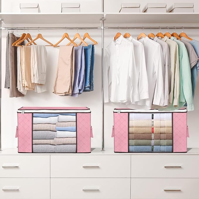 90L Large Storage Bags, 8 Pack Clothes Storage Bins Closet Organizers | Foldable Storage Containers, with Reinforced Handle, for Clothing, Blanket, Comforters, Bed Sheets, Pillows and Toys,Pink