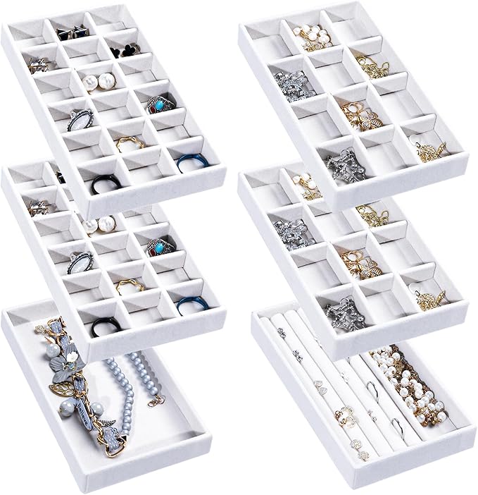 Frebeauty Jewelry Trays for Drawer,Set of 6 Jewelry Organizer and Storage | Velvet Material,Earring Holder Organizer,Stackable Jewelry Display for Vanity,Drawer Inserts for Rings,Studs,8.3×4.9 inch