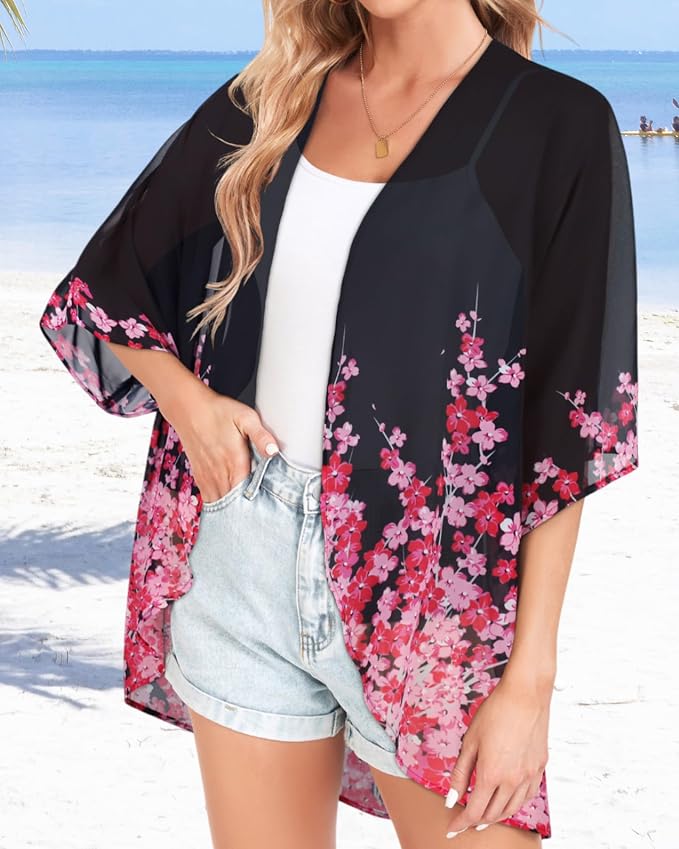 Women Kimono Cardigans Summer Cover Up Hawaiian Shirts Floral Print Tops | ROSEMIA chiffon kimono open front cardigans, beach cover ups, daily casual tops, cruise outfits, summer resort wear