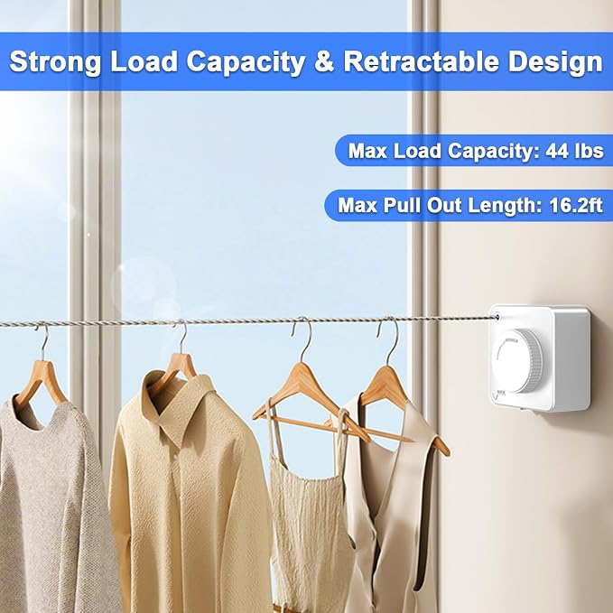 2 Pack Retractable Clothesline Indoor & Outdoor, 16.2Ft Non-Sagging (White) | Stainless Steel Heavy Duty Design Laundry Wash Line with Wall Mounted, Space-Saving Drying Rack for Bathroom, Balcony