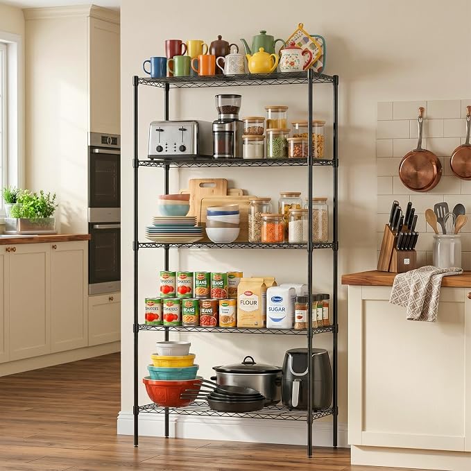 FDW 14" D×36" W×72" H Wire Shelving Unit Commercial Metal Shelf with 5 Tier Adjustable Layer Rack Strong Steel for Restaurant Garage Pantry Kitchen Garage，Black