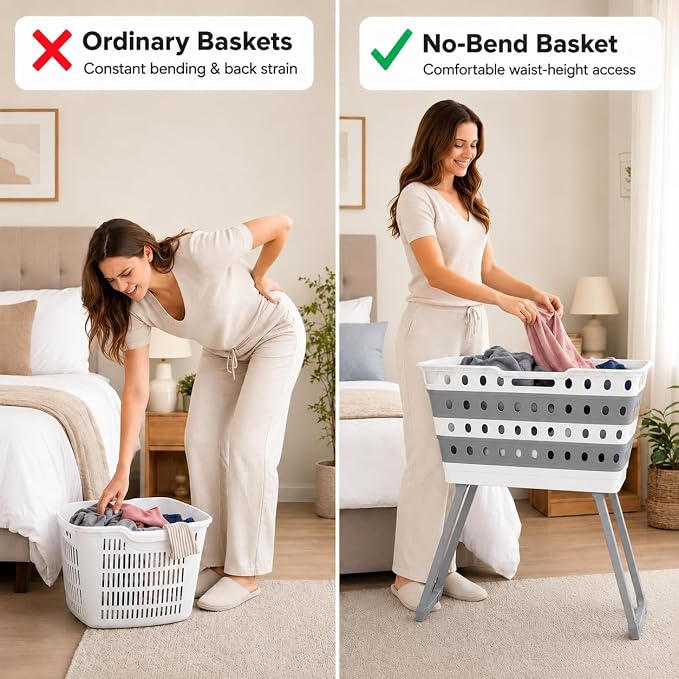 Spark Innovators No Bend Basket, Collapsible Laundry Basket with Legs | Foldable Plastic Laundry Hamper, Durable & Lightweight, Space-Saving Clothes Basket, Ideal for Dorms, Apartments & RVs