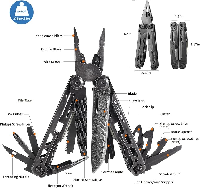 GrandHarvest Multitool, 25-in-1 Spring Loaded Pliers Multi Tool, Each Tools with Safety Lock-Stainless Steel Multi-Tool, Propylene Sheath, Survival Gear for Camping, Hiking, Multi Plier, Pocket Knife