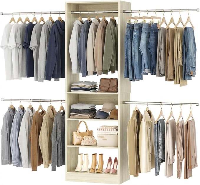 Homieasy Closet System, 4.5-11.5 Ft Expandable Closet Organizer with 5 Hanging Rods, Walk-in Wood Closet Organizer System with Storage Tower, Heavy Duty Garment Rack Wardrobe for Bedroom, Light Oak