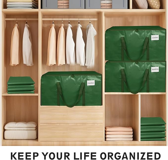 16 Pack-Extra Large Heavy Duty Moving Bags - Waterproof Storage Totes with Handles & Zippers, Foldable for College Dorm, Storage (olive green)