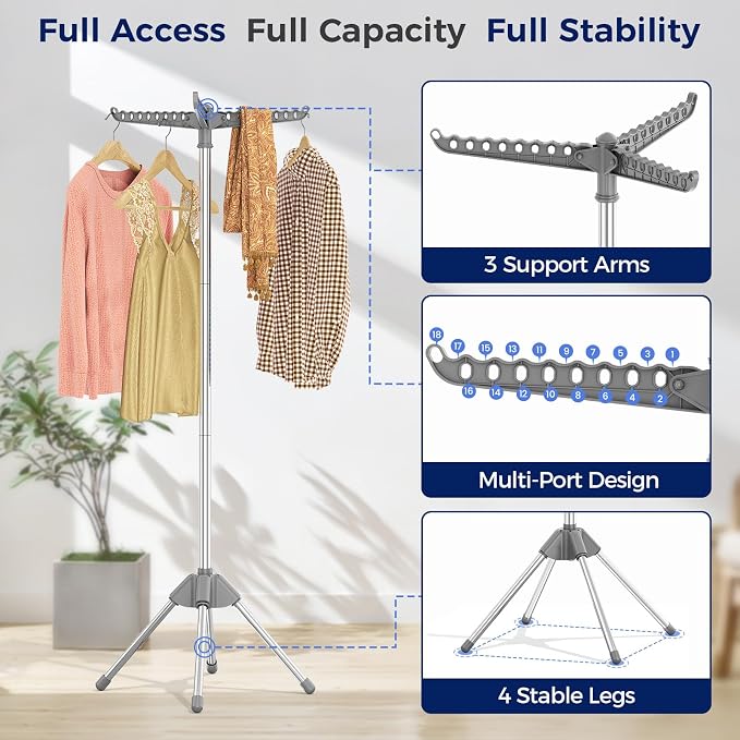 KINGBOARD Clothes Drying Rack, 59" H Laundry Drying Rack, 3 Rotatable Arms | 360° Rotatable Arms, 27 Hanger Holes, Stainless Steel, Tool-Free Setup, Portable for Travel & Small Home, Indoor, 27lbs Hold
