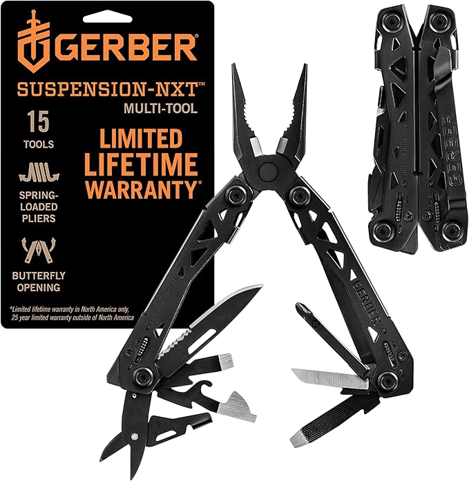 Gerber Suspension NXT 15-in-1 EDC Multitool, Pliers w/ Pocket Knife, Black | Needle nose pliers, wire stripper, 15 tools, camping/survival gear, EDC pocket clip, lightweight