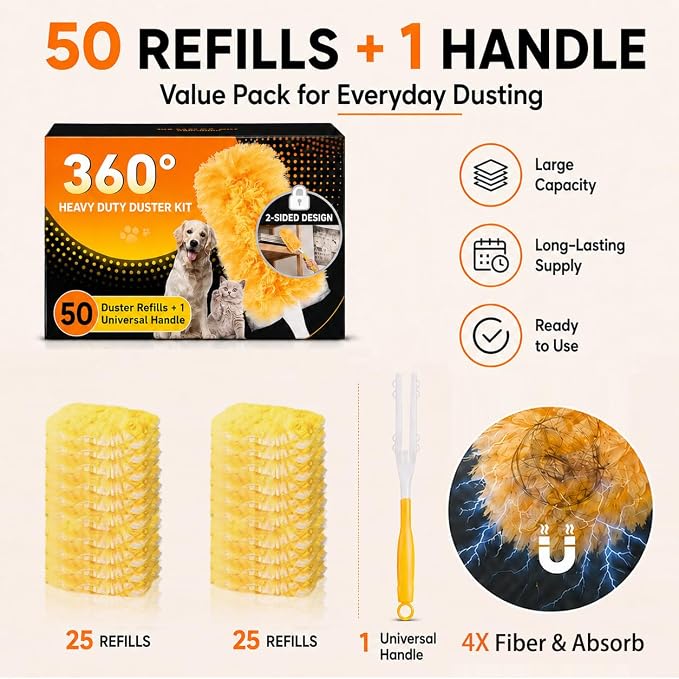 Duster Refills for Swiffer Duster, 50 Count Heavy Duty 2 Side 360° Dusters Refill Kit with 1 Handle, 4X Microfibers, Disposable Multi-Surface Duster for Cleaning Furniture Blinds Ceiling Fan