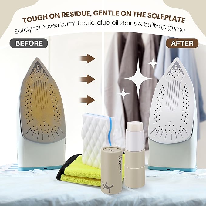 Iron Cleaner Kit for Steam Irons with Cleaning Cloth & Sponge Eraser, Non-Toxic Sole Plate Cleaner Removes Fabric Residue, Glue, Limescale, Starch & Burn Marks to Improve Glide