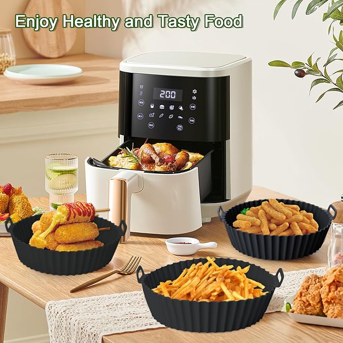 Komzon 3 Pack Air Fryer Silicone Liners, 8Inch Airfryer Liners, AirFryer Basket Liner, Reusable Food Grade Air Fryers Basket Pots Oven Liner Baking Tray, Air Fryer Silicone Mat Accessories Kitchen