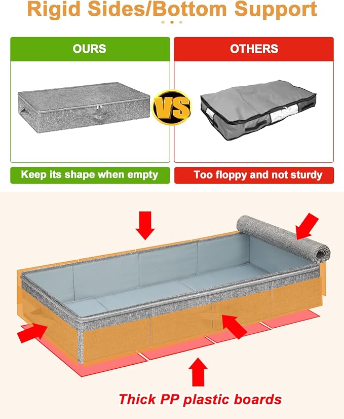 punemi Under Bed Storage, 3 Pack Underbed Storage Container Bags With Lid, Foldable Sturdy Clothes Storage Drawer Organizer W/ 3 Handles, Ultra Thick Fabric Blanket Shoe Storage Box, Grey | Rigid Sides & Bottom, 50L Large Capacity for Evening Gowns & H...
