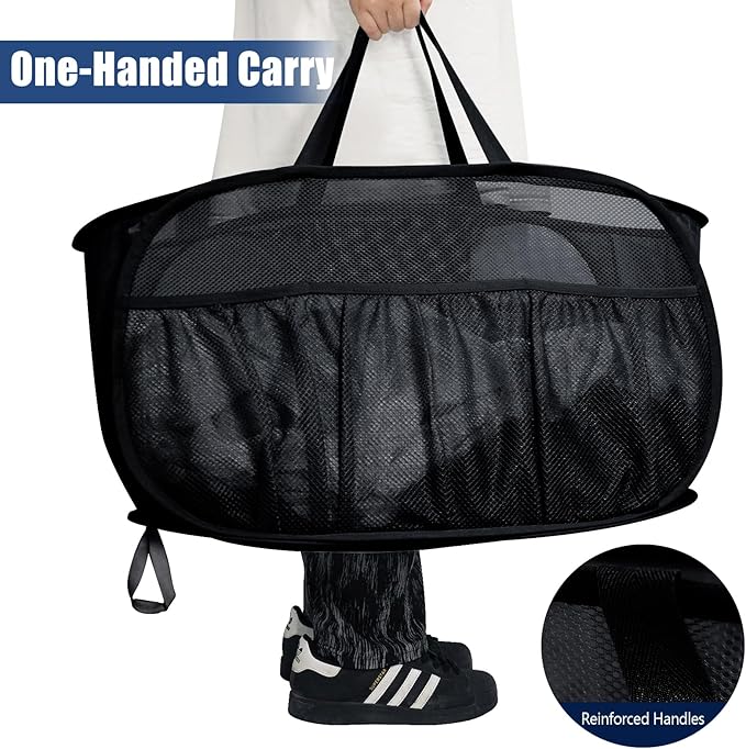 2 Pack Collapsible Laundry Baskets, Upgrade Pop Up Laundry Hamper with Convenient Bags, Foldable Laundry Basket Mesh Light Weight, Easy to Carry Clothes Hampers for Laundry, Dorm, Travel Black+Grey