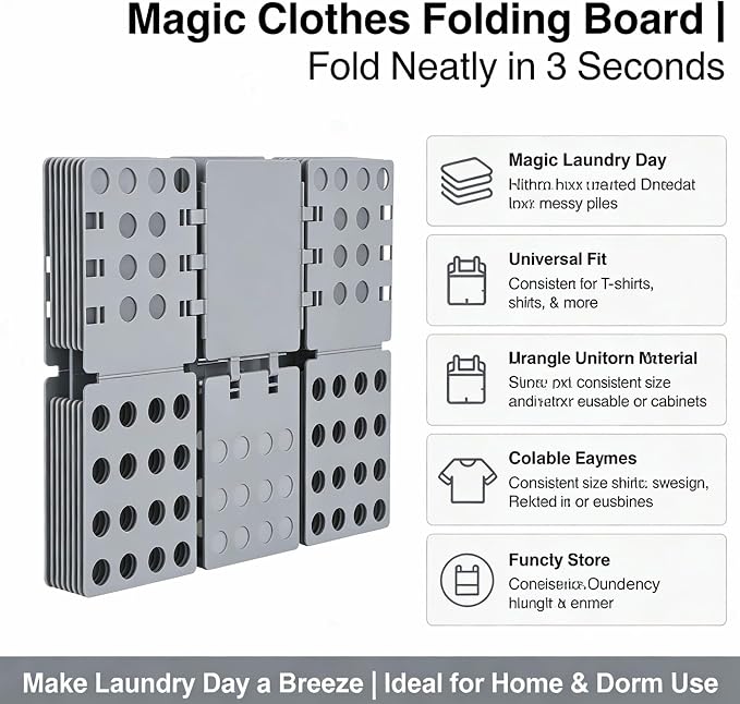 Folding Board for Clothes, Adjustable Shirt Folder Organizer, Gray, Adjustable T-Shirt Folding Board | Blue Plastic Clothing Organizer with Fold Guides | Laundry & Closet Storage Solution (Grey)