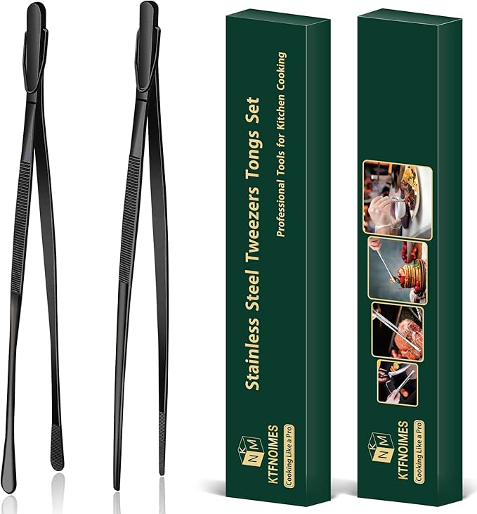 2 Pcs 12-Inch Cooking Tweezers Fine Tweezer Tongs, Extra-Long Stainless Steel Kitchen Tweezers, for Grilling, Serving, and Food Preparation,Black