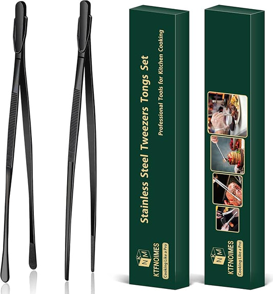 2 Pcs 12-Inch Cooking Tweezers Fine Tweezer Tongs, Extra-Long Stainless Steel Kitchen Tweezers, for Grilling, Serving, and Food Preparation,Black