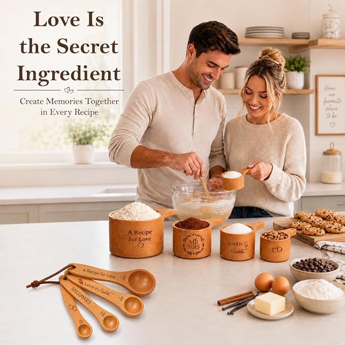 Wedding Gifts for Couple, Mr ＆ Mrs Wooden Measuring Cups and Spoons Set, Engagement Gift for Newly Engaged, Bridal Shower and Bachelorette Gifts for Bride, Kitchen Gadgets for Cooking & Baking