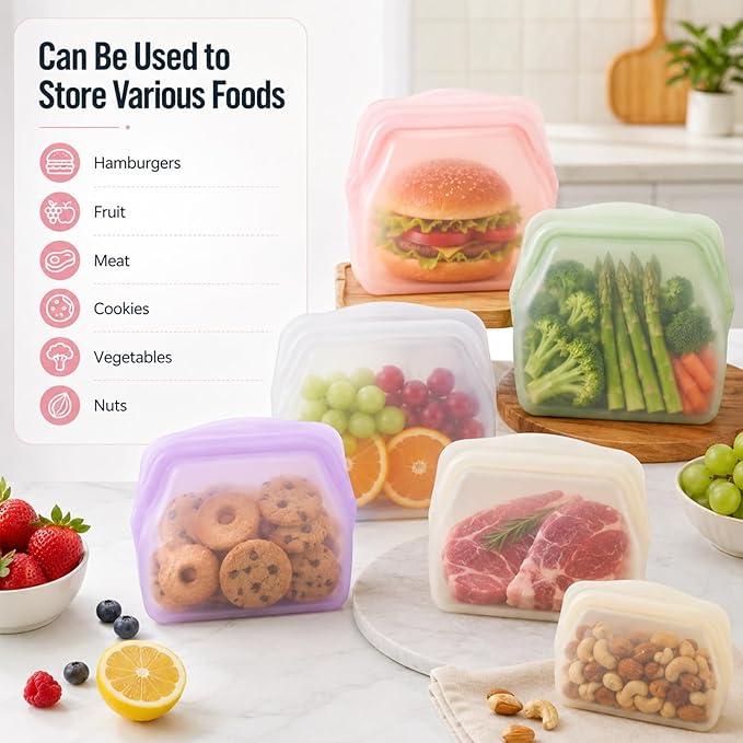 Everbag Silicone Storage, Everbag Food Storage Bags, Reusable Storage Bags, Leak-Proof Upright Freezer Bags (Purple+Green)