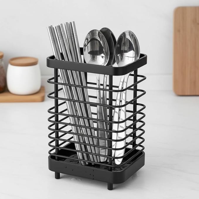 Kitchen Utensil Drying Rack, 18/8 Stainless Steel Utensil Holder Chopsticks Spoon Fork Knife Drainer Basket Flatware Storage Drainer, Dish Drainer for Kitchen Counter (Black)
